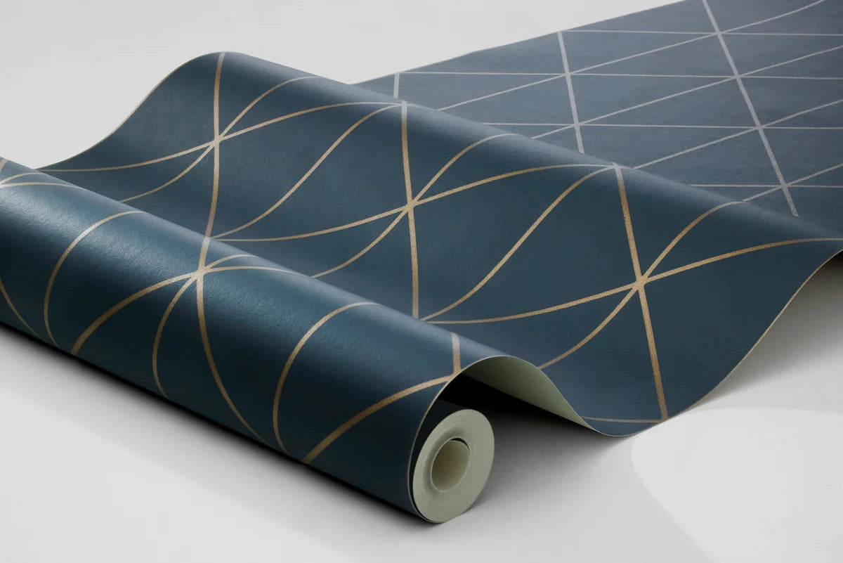 Vliesbehang met geometrisch patroon DIAMONDS marineblauw met goud
