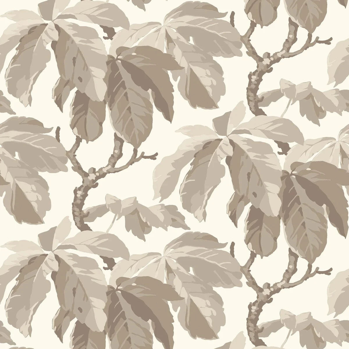 Witte KASTANJI behang met een plantenmotief van bladeren in bruin