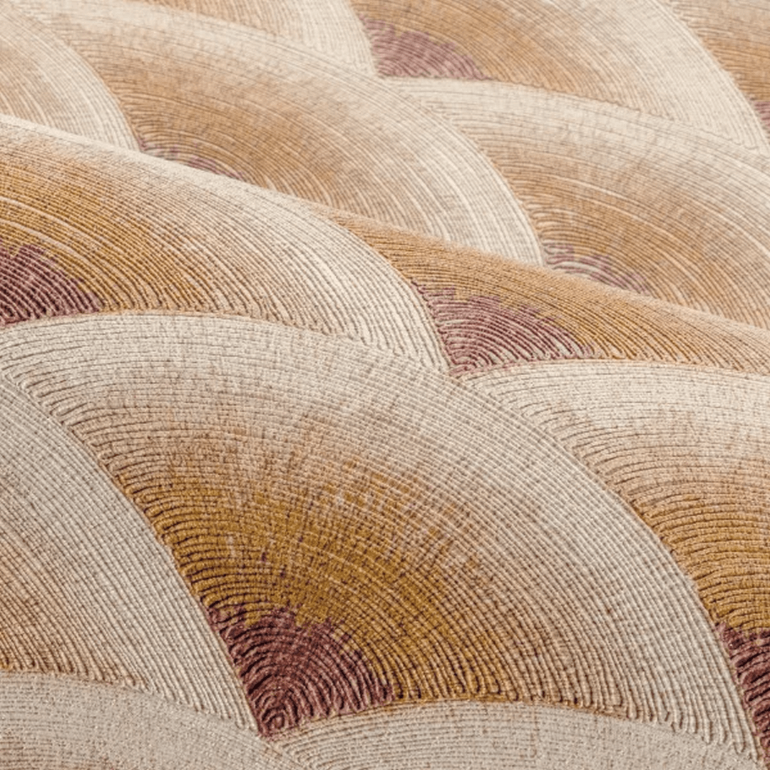 Structural wallpaper imitating geometric embroidery in wave pattern NAMI - BORDEAUX/AMBRE burgundy with beige