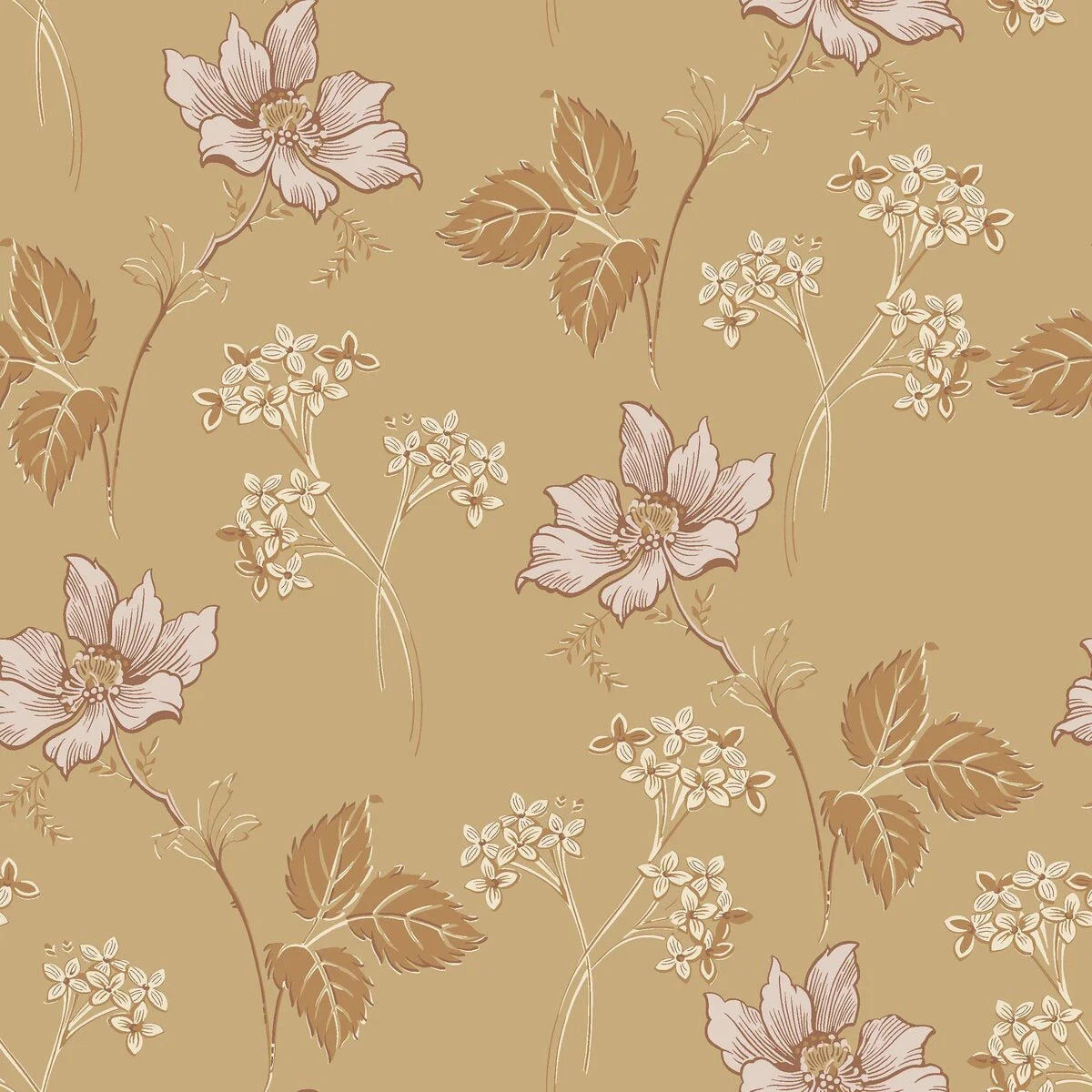 Gouden behang met bloemenmotief VALBORG in beige
