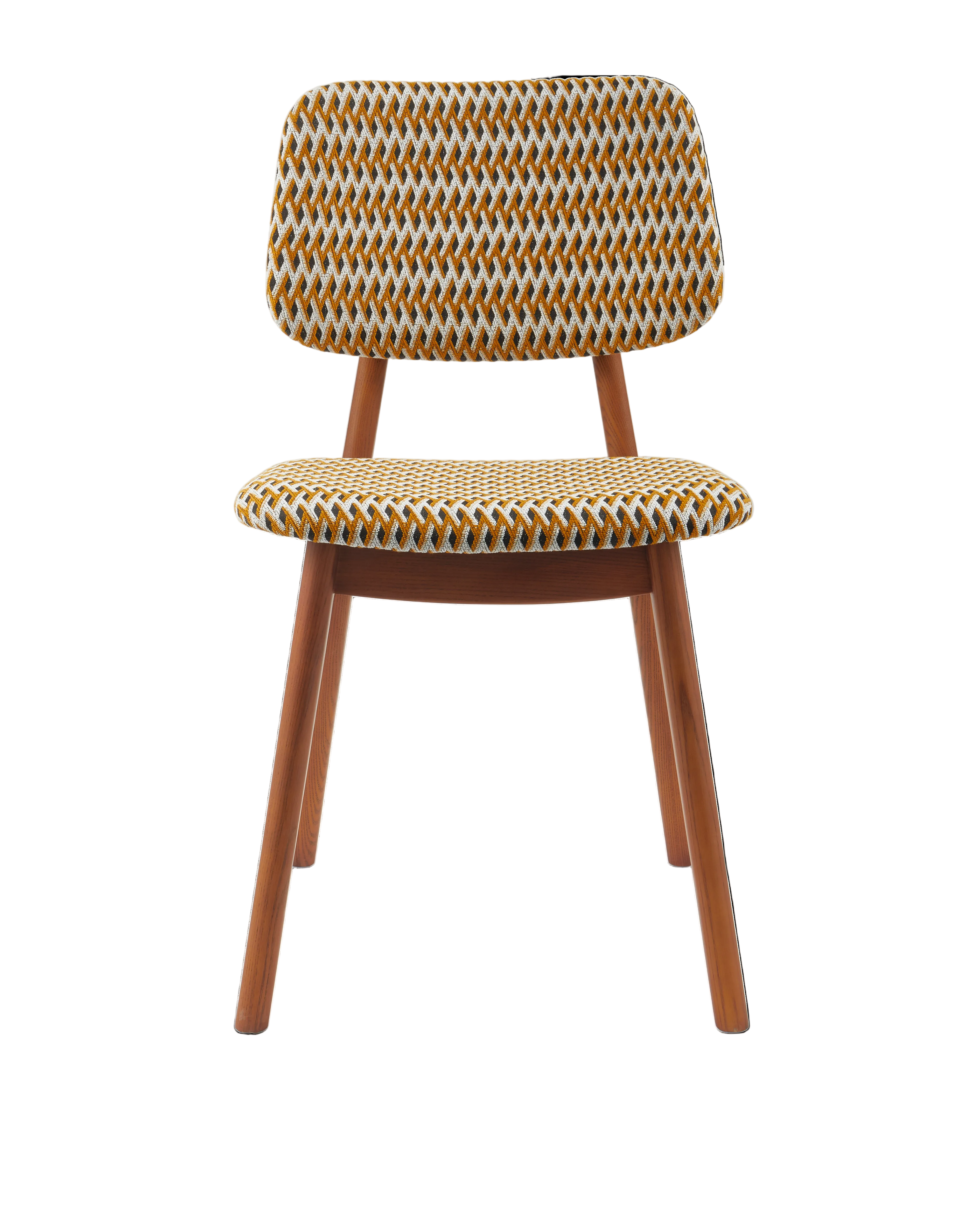 HAPPY DAYS chair in ochre with geometric patterns and wooden base