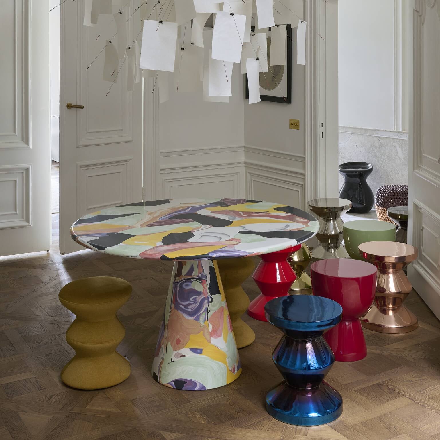 Hocker SOFT ZIG ZAG oranje met wit en zwart