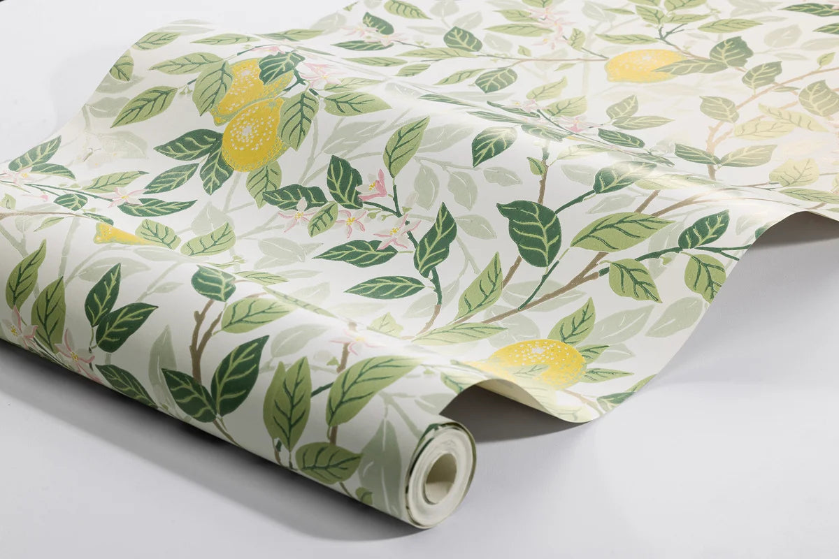 Non-woven paper wallpaper with a plant pattern CITRONTRÄD white with green