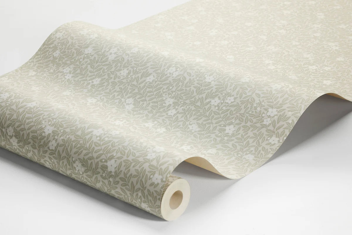 Behang met een plantaardig motief van bloemen en bladeren MYRTEN khaki met wit