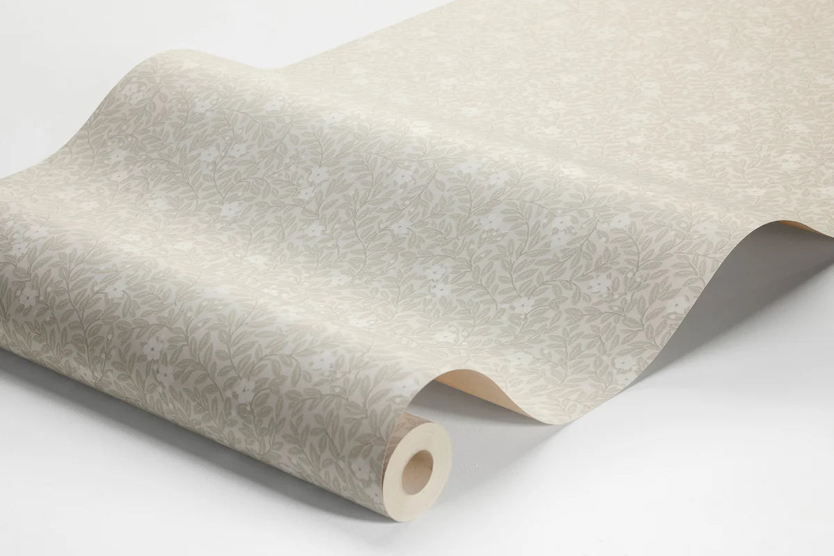Beige wallpaper with a floral and leaf pattern MYRTEN in white