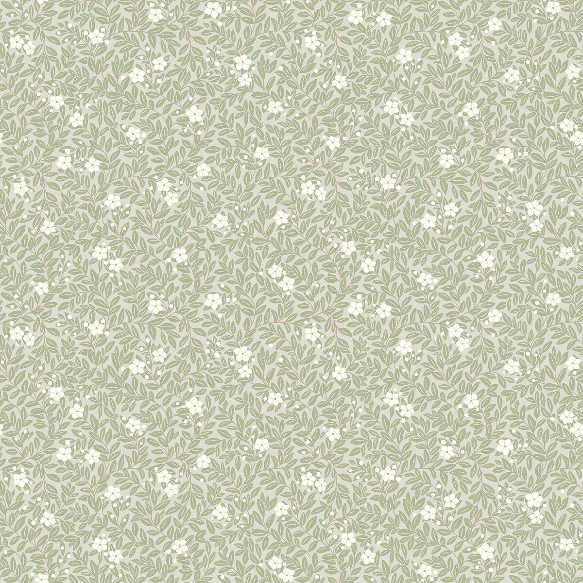 Wallpaper with a floral and leaf pattern MYRTEN light green with white