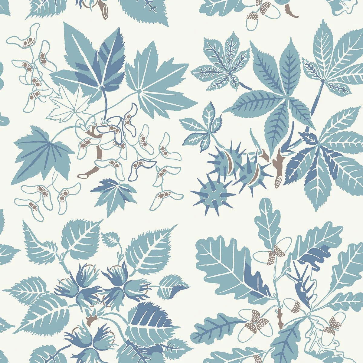 Cream floral leaf wallpaper ARBORETUM with blue accents
