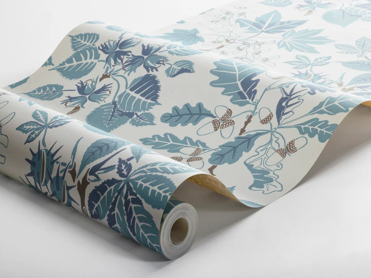 Cream floral leaf wallpaper ARBORETUM with blue accents