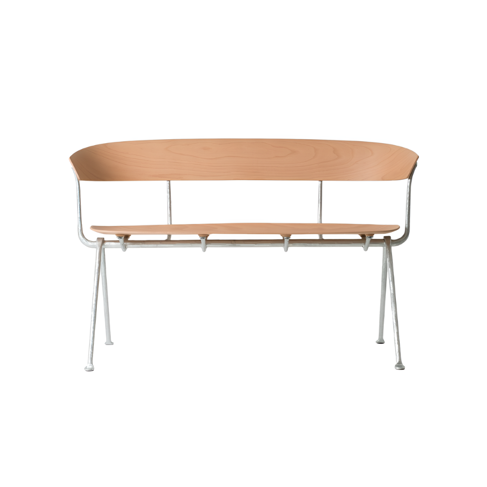 OFFICINA bench with backrest, metal base with beech seat