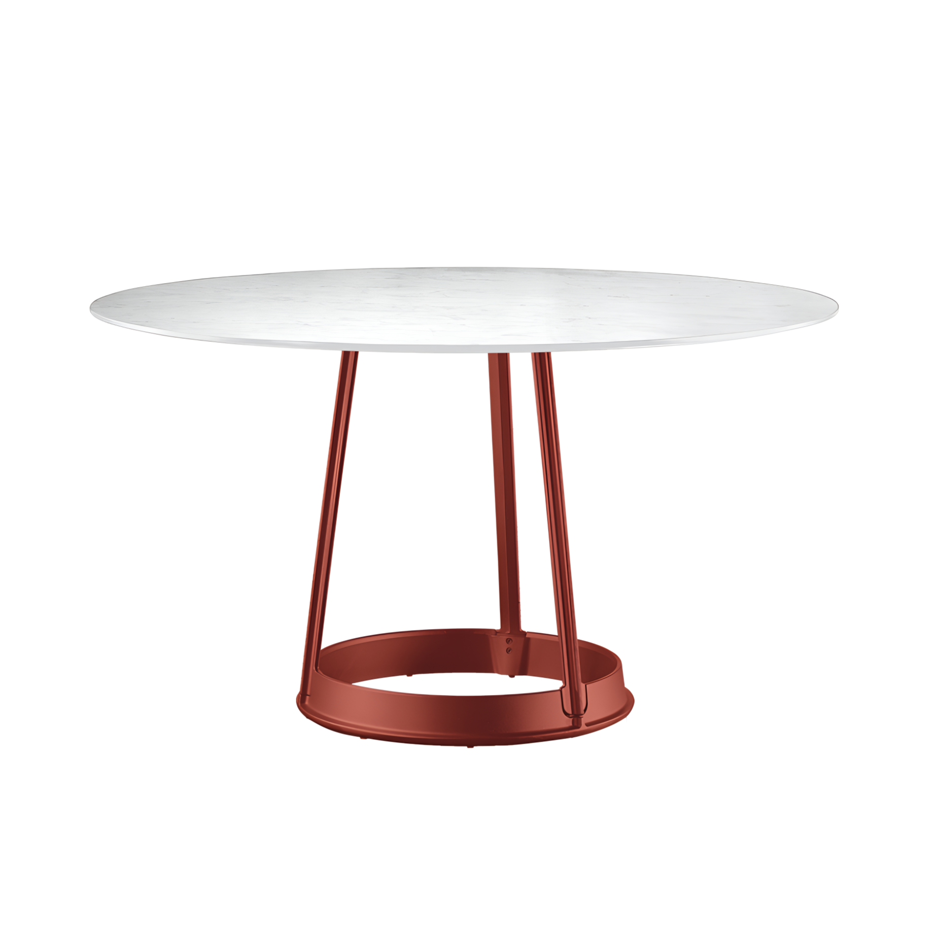 BRUT runder Tisch aus weißem Marmor mit rotem Sockel