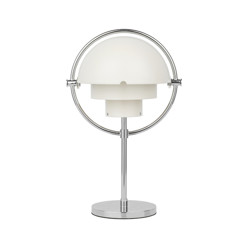 MULTI-LITE portable lamp in white with a chrome base