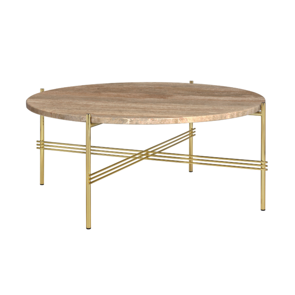 Runder Couchtisch TS aus sandfarbenem Travertin mit goldenem Gestell