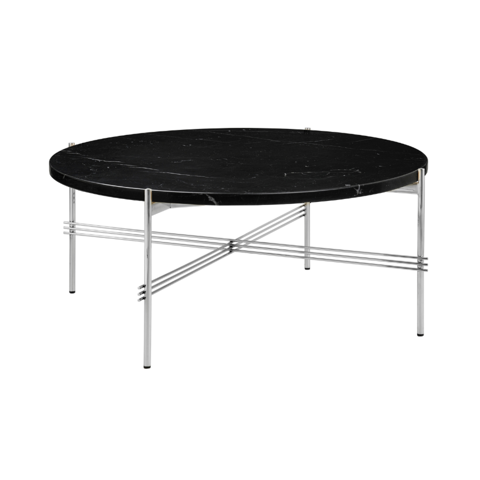 Runder Couchtisch TS aus schwarzem Marmor mit verchromtem Gestell