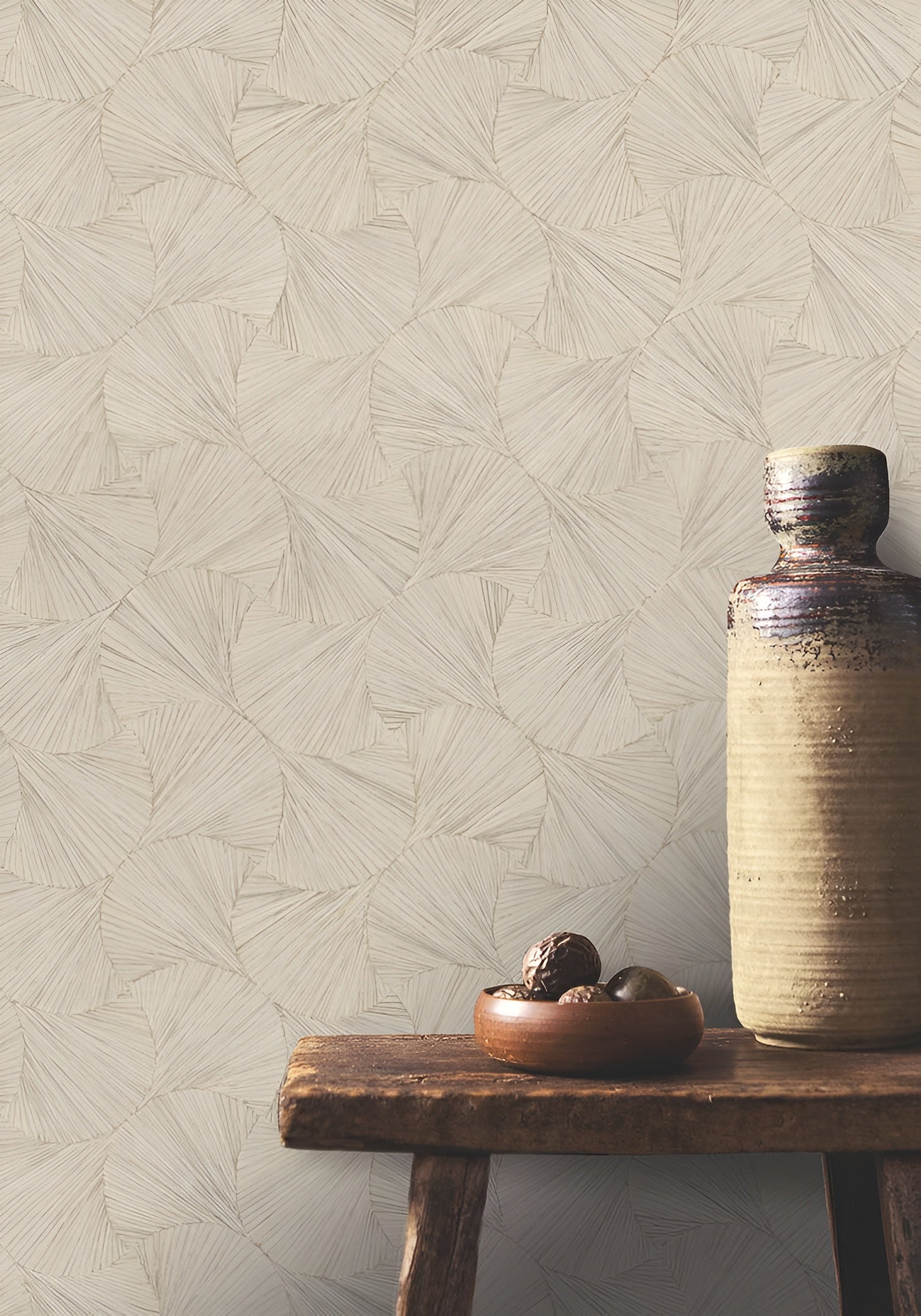 Geometric Textured Wallpaper with Leaf Plant Motif LOMBOK - TRAVERTINE Beige