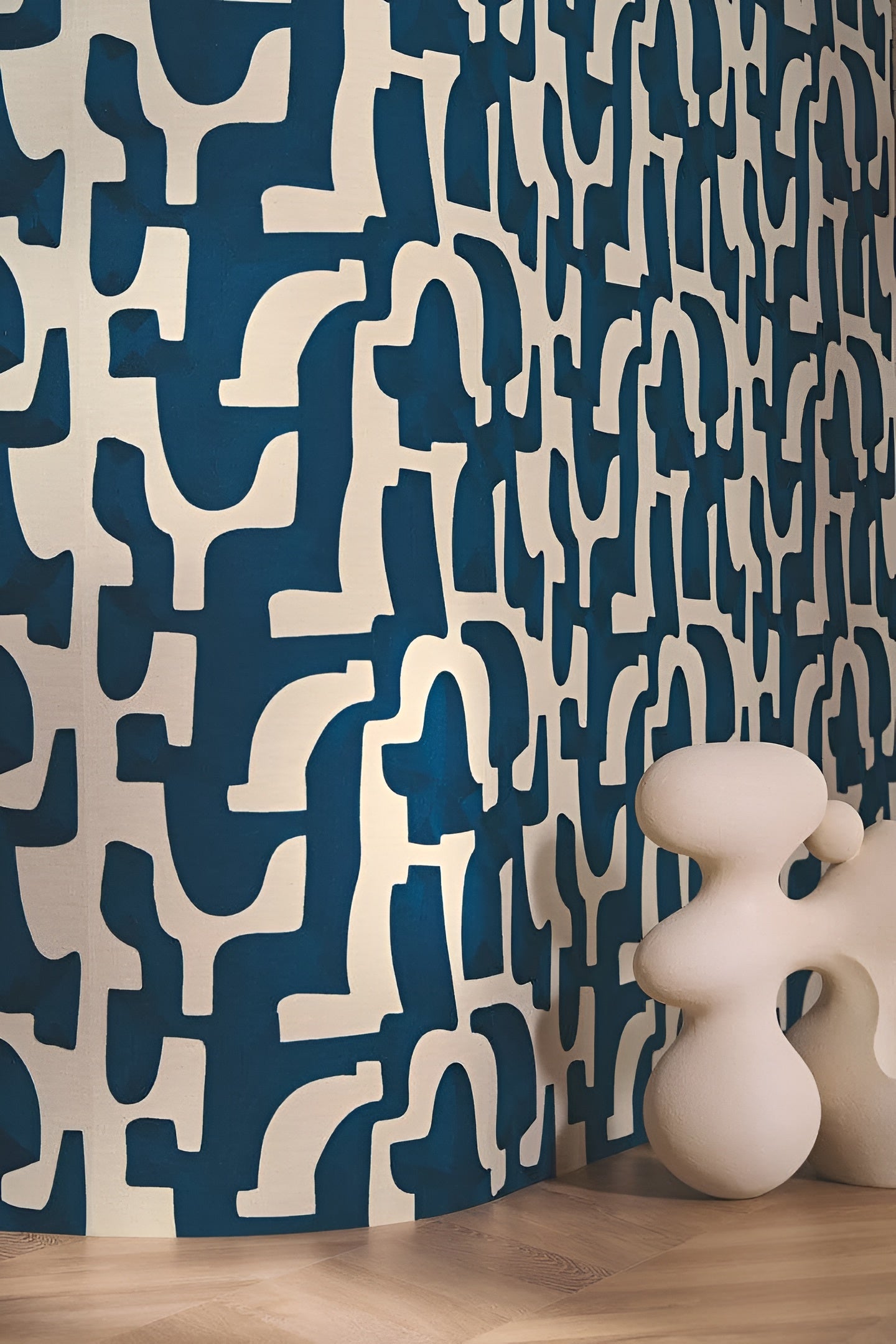 Textile wallpaper with an abstract pattern MONODIE - GRIS CRAIE blue-gray with cream