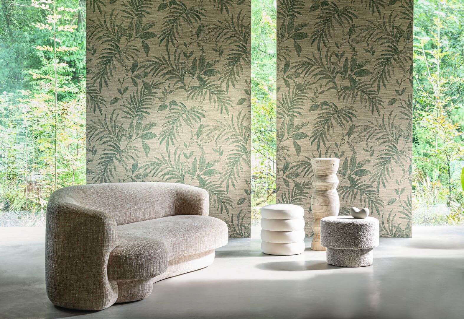 Textile wallpaper with a plant motif of SALIX leaves - EMERALD/CELEDON light green with beige
