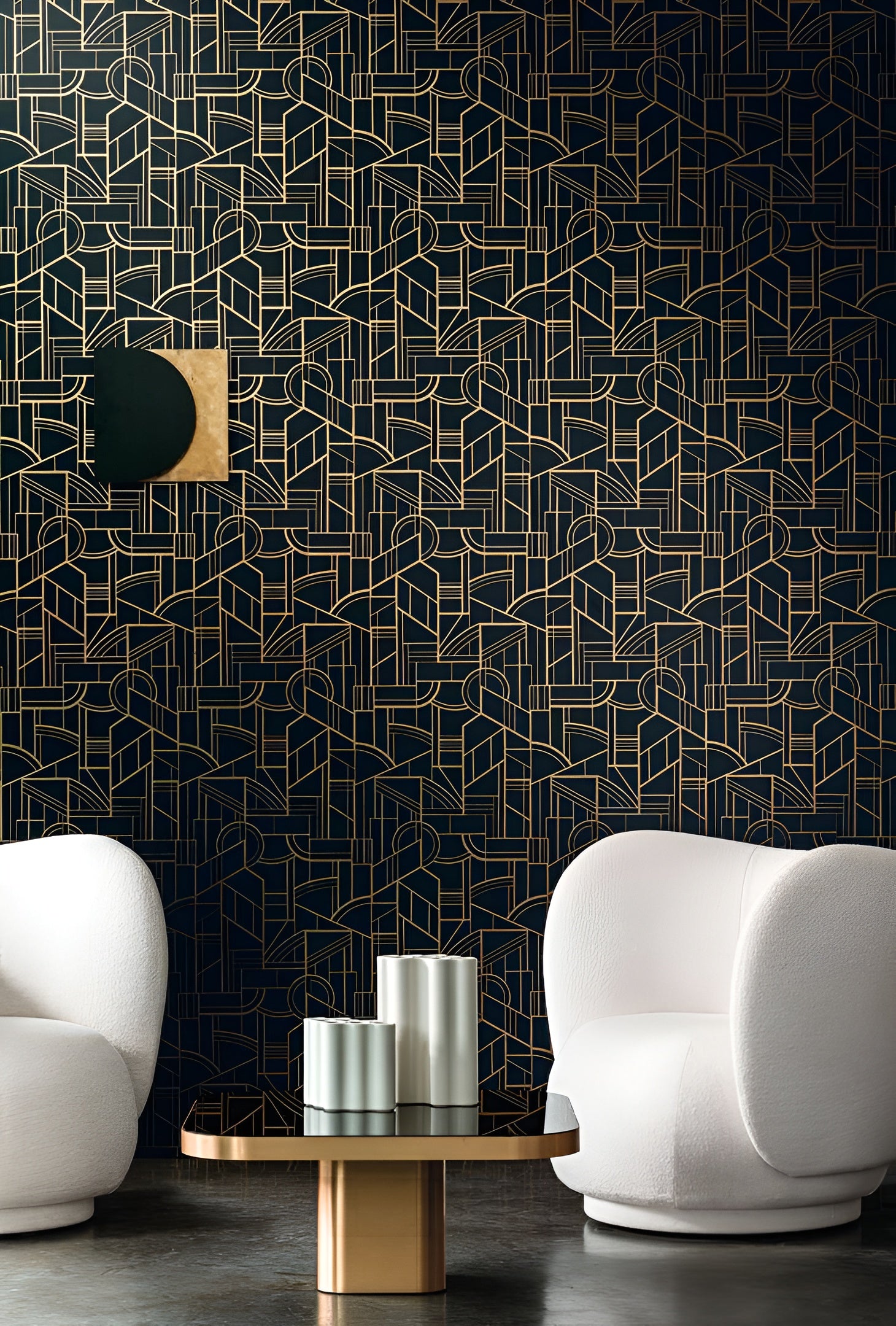 Textil-Tapete in metallischer Ausführung mit geometrischem Art-Déco-Motiv REIMS - AMBRE goldfarben mit Weiß