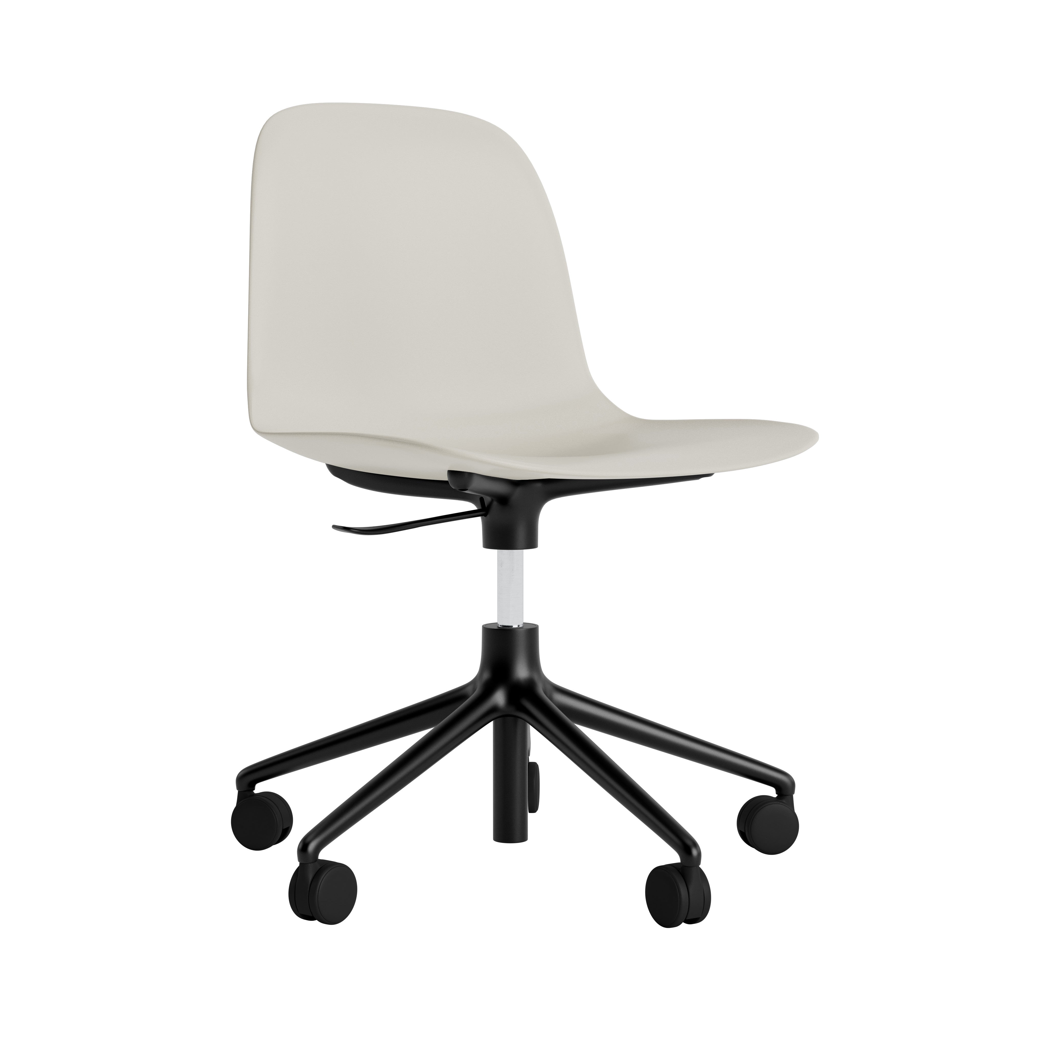Office chair with adjustable 5W light gray forms with a black base on wheels