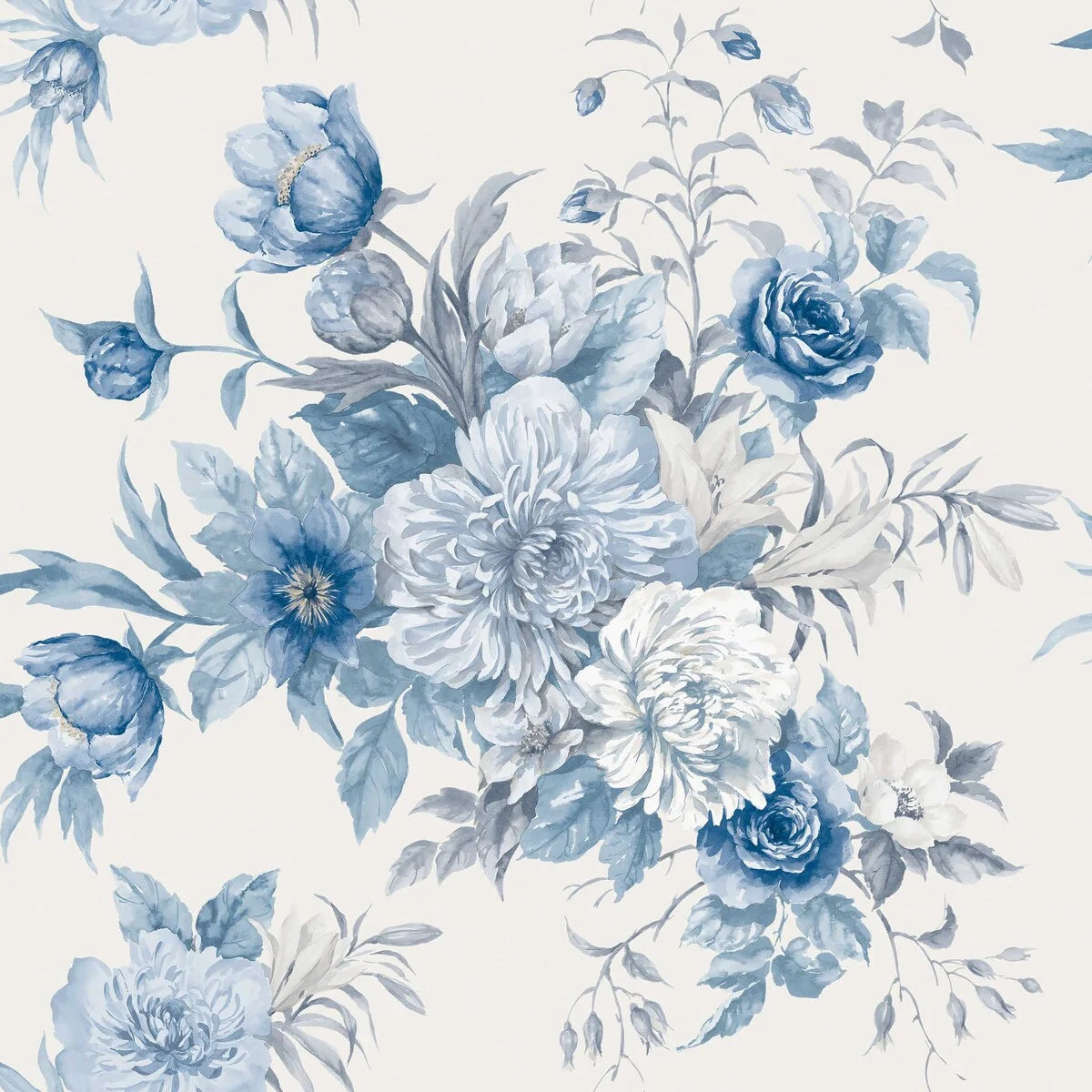 Non-woven paper wallpaper with a floral pattern FLORAL CHARM warm white with blue