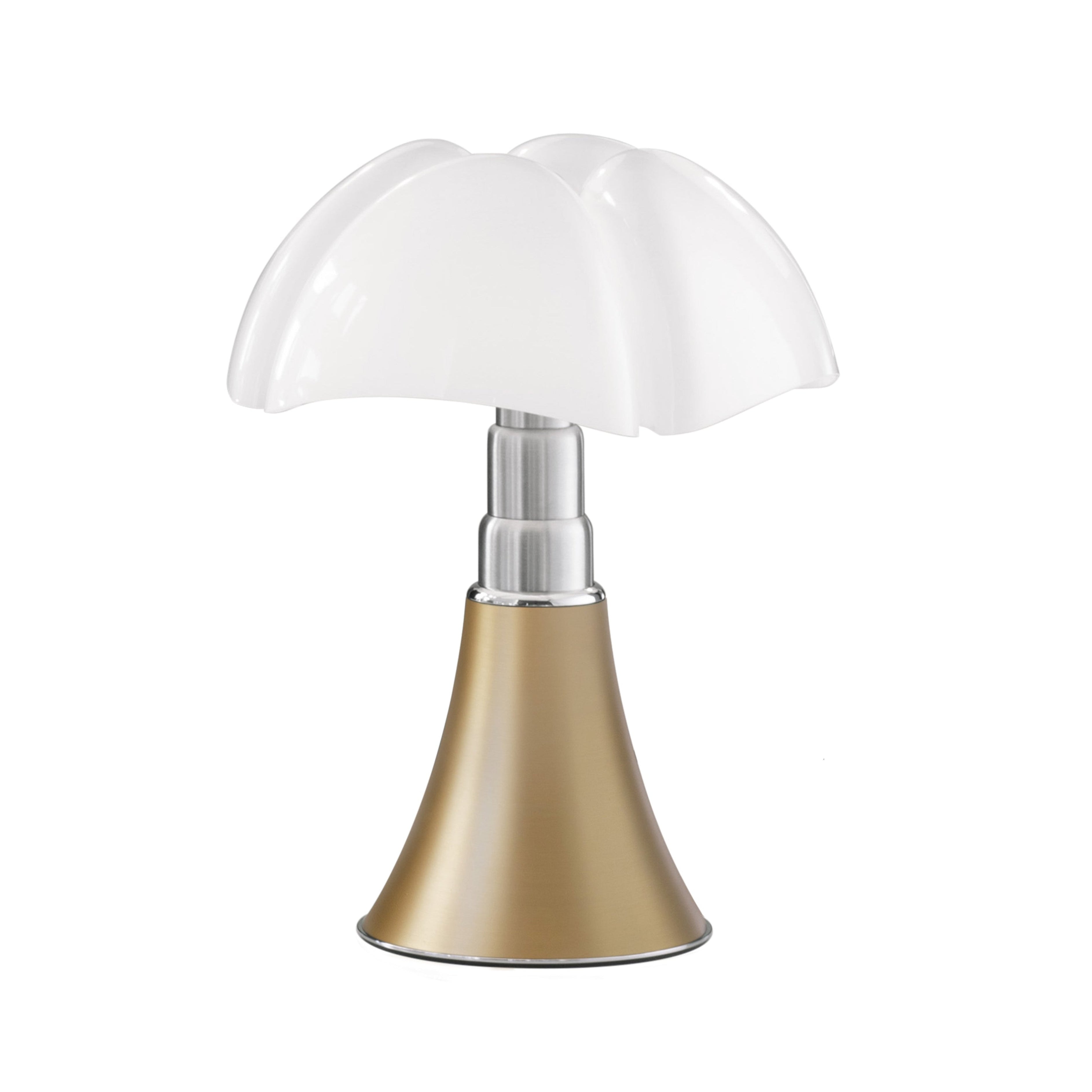 Tischlampe MINIPIPISTRELLO mit opalem Schirm und messingfarbener Basis