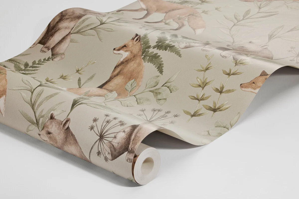 Tapete für Kinder mit pflanzlichem und tierischem Motiv WILD FOREST beige
