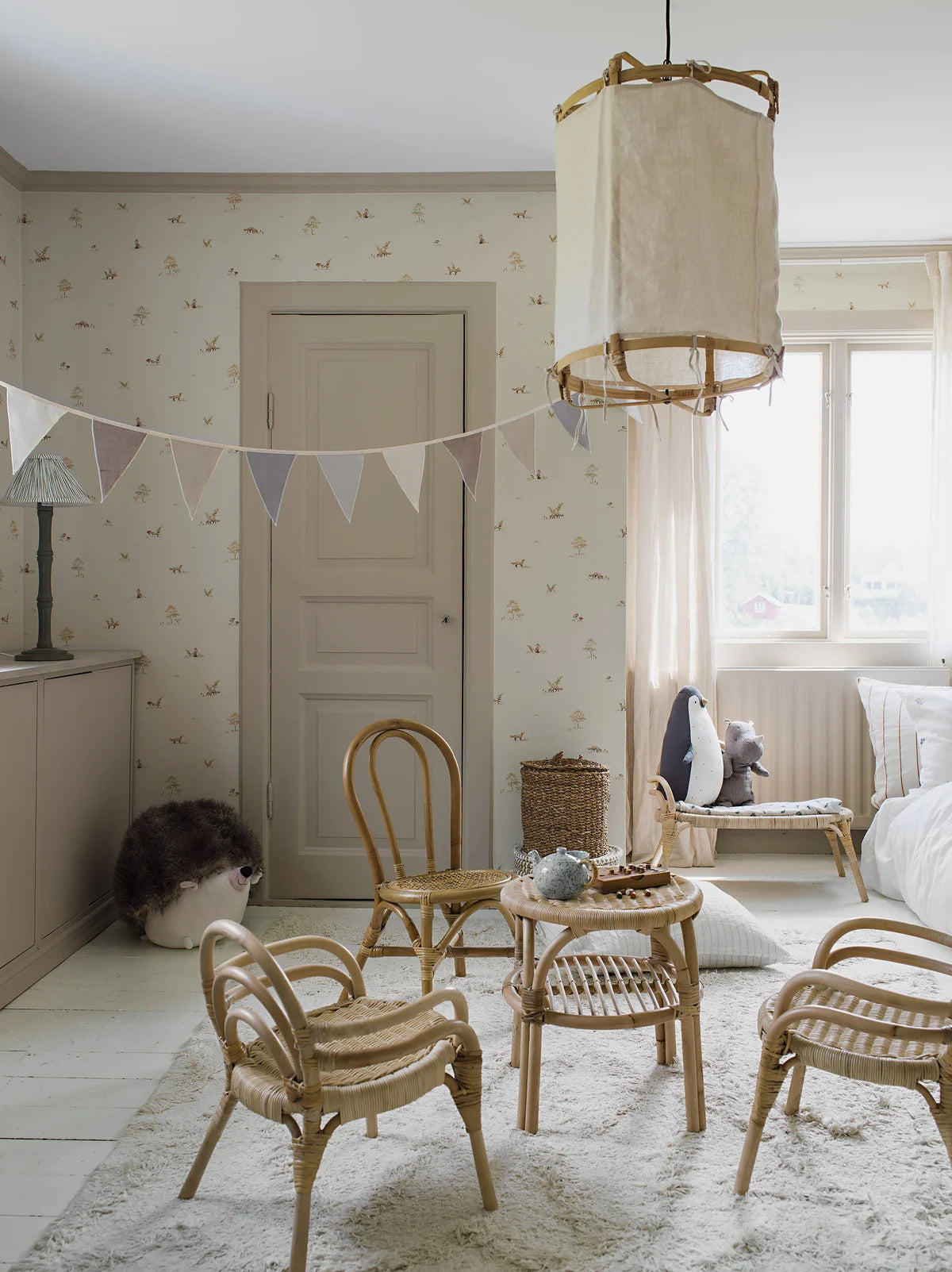 Tapete mit Pflanzen- und Tiermotiv LITTLE FOX hellbeige