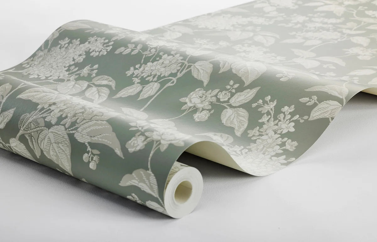 Green floral pattern wallpaper SYREN with beige