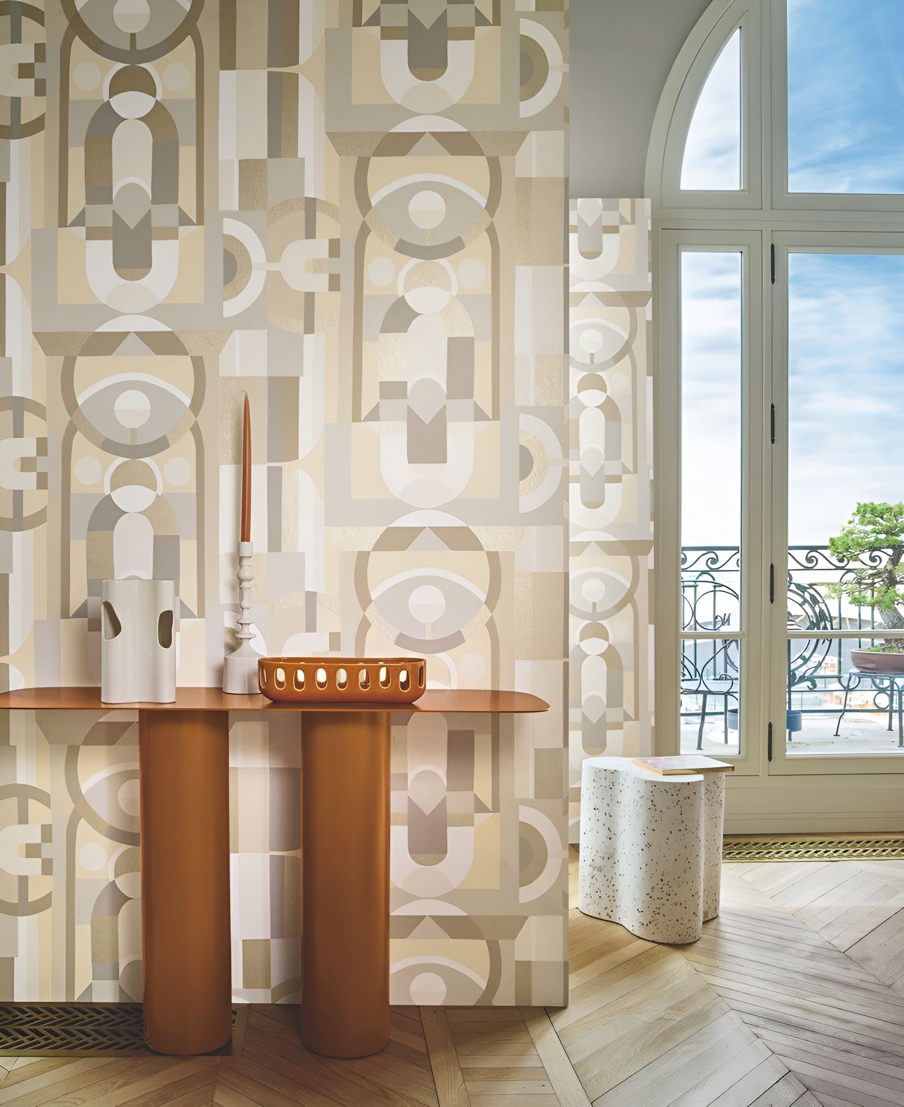 Behang met geometrisch glas-in-loodmotief VITRAIL - WIT/BEIGE wit met beige