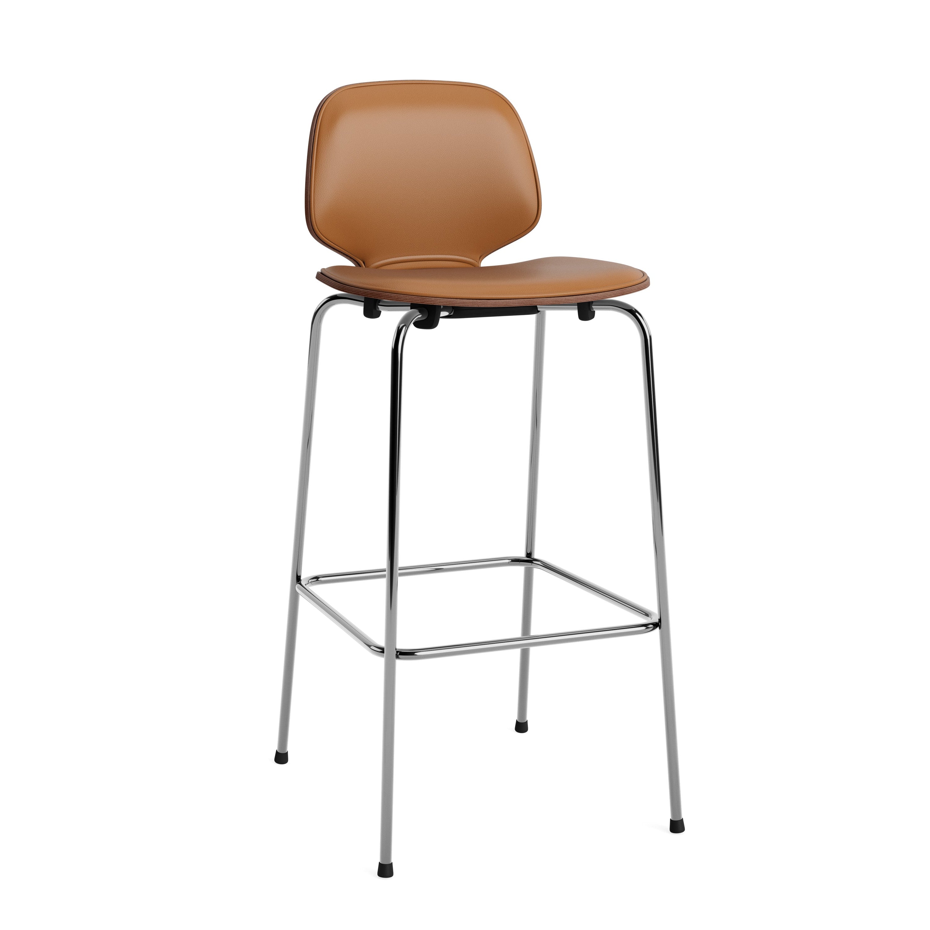 Gestoffeerde barkruk MY in notenhout met verchroomde voet