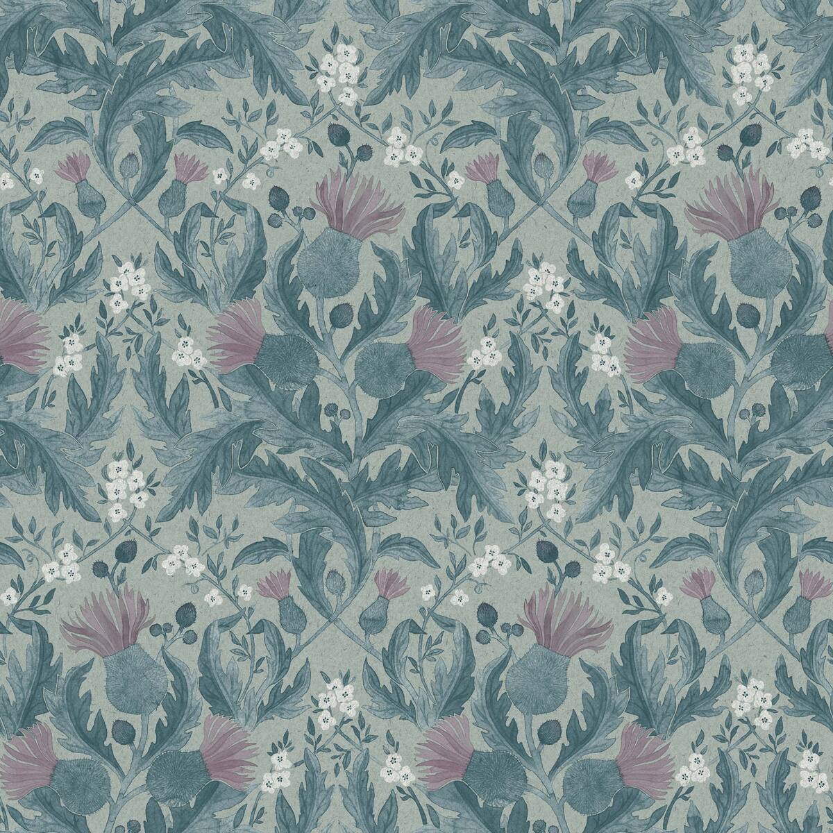Thistle Plant Pattern Wallpaper in Muted Blue with Pink