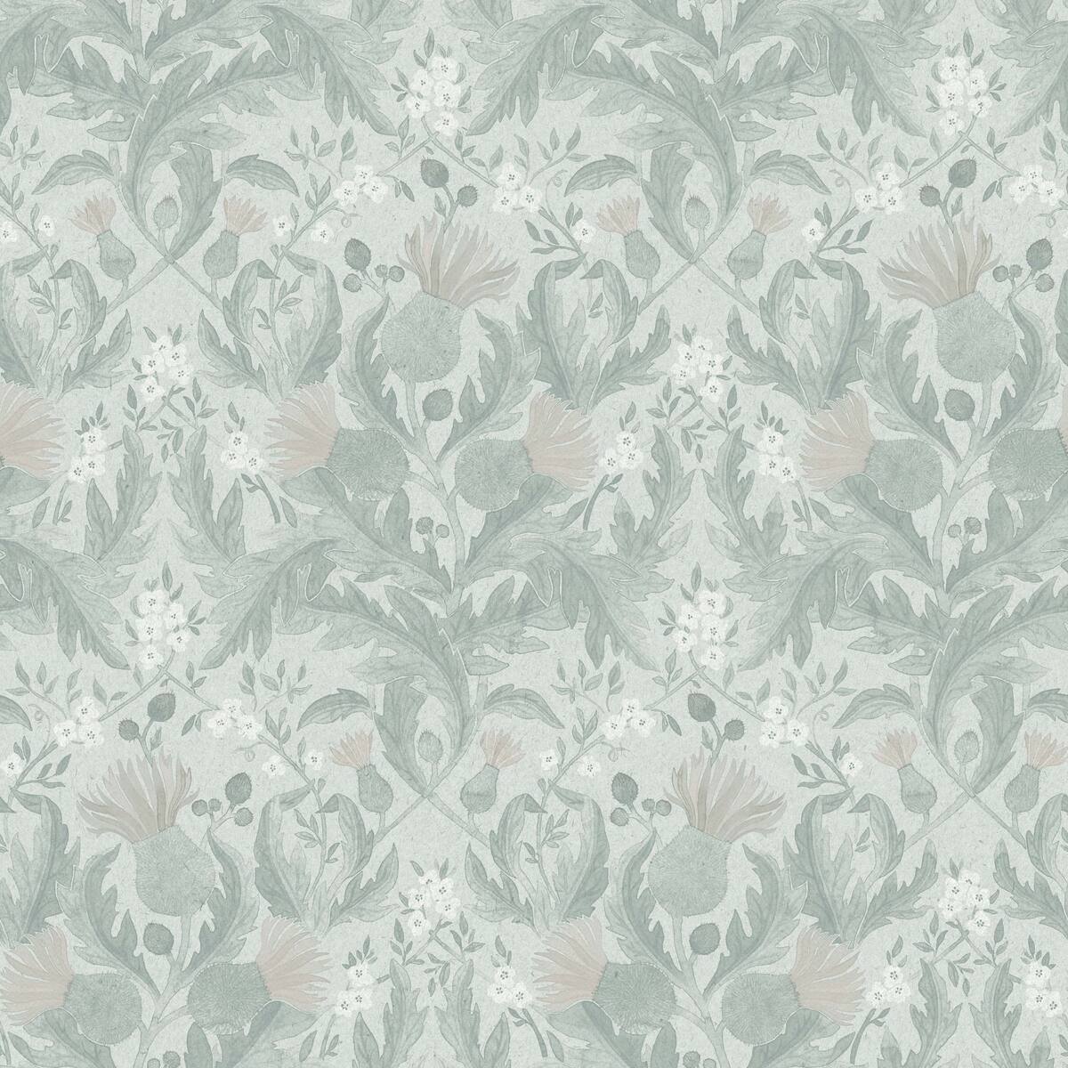 Thistle Plant Pattern Wallpaper in Muted Gray-Green with Pink
