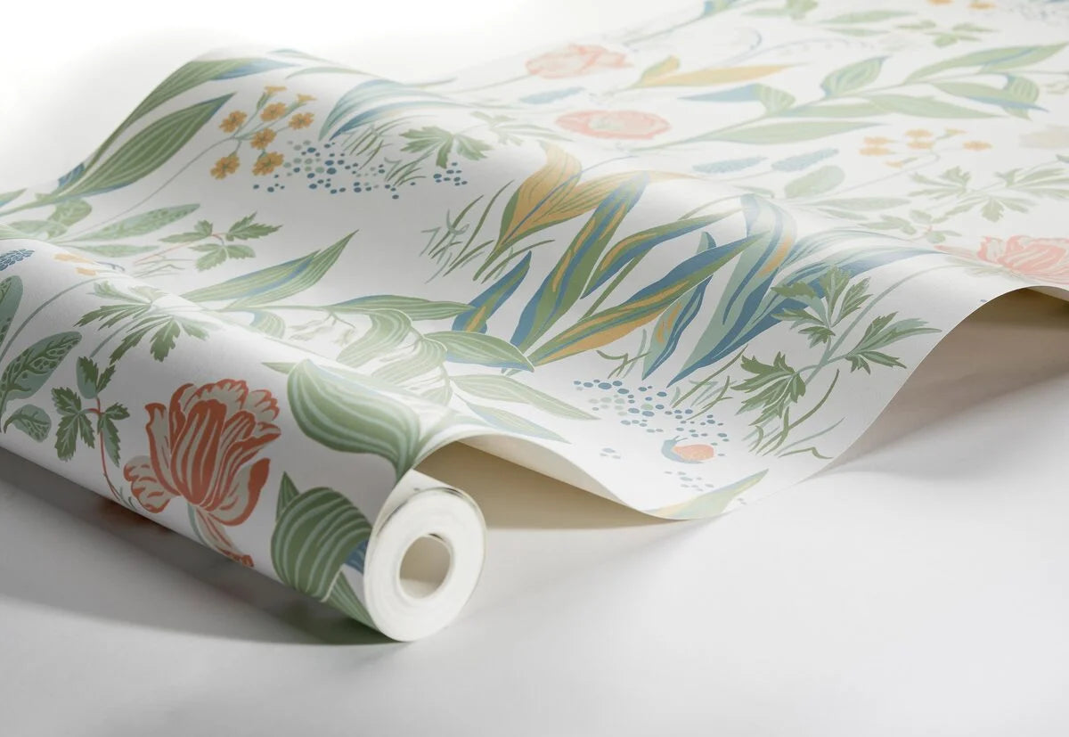 Behang met een plantenmotief van bloemen LENTE TUIN wit met groen