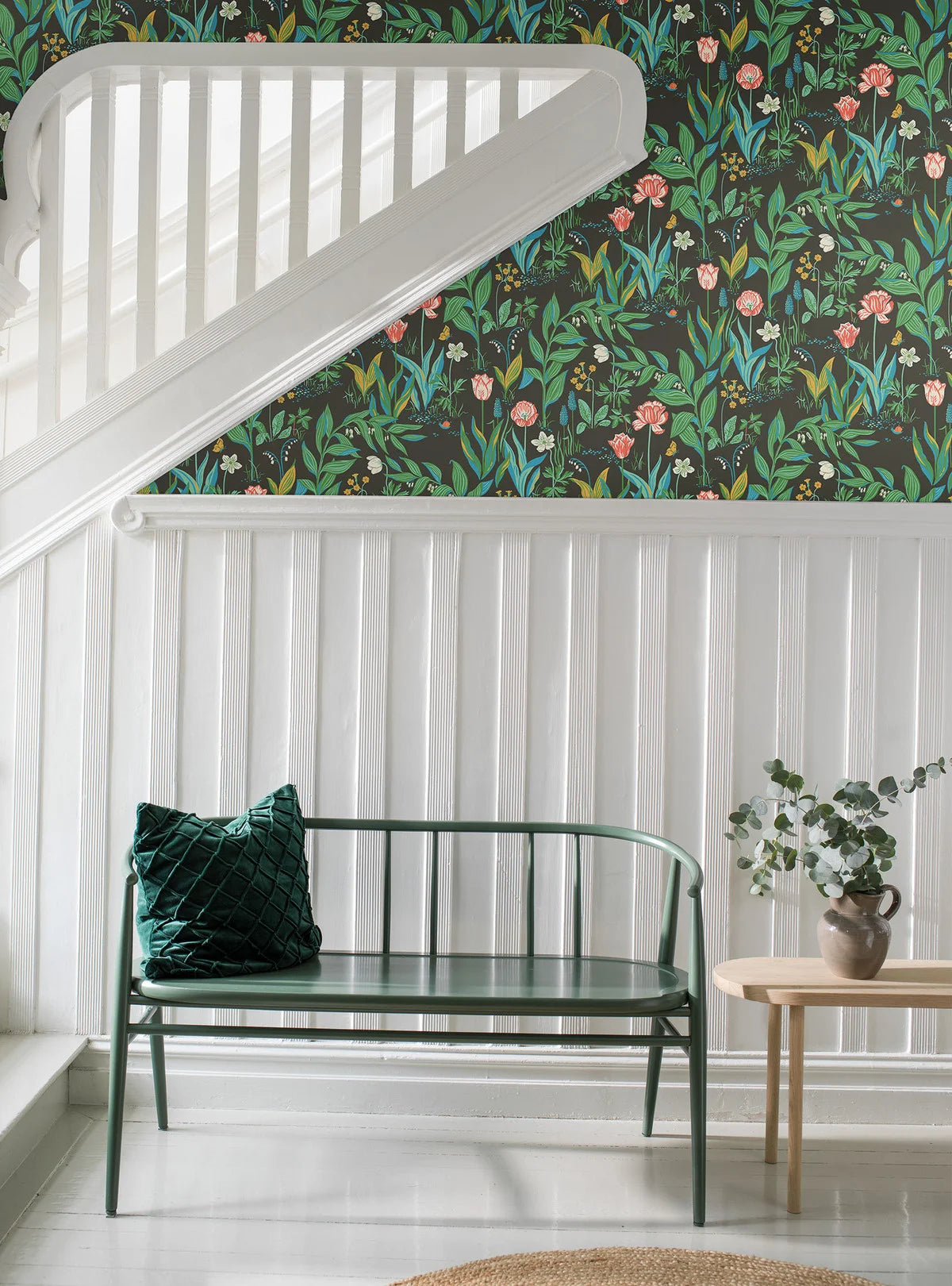 Spring Garden Floral Pattern Wallpaper in Brown and Green