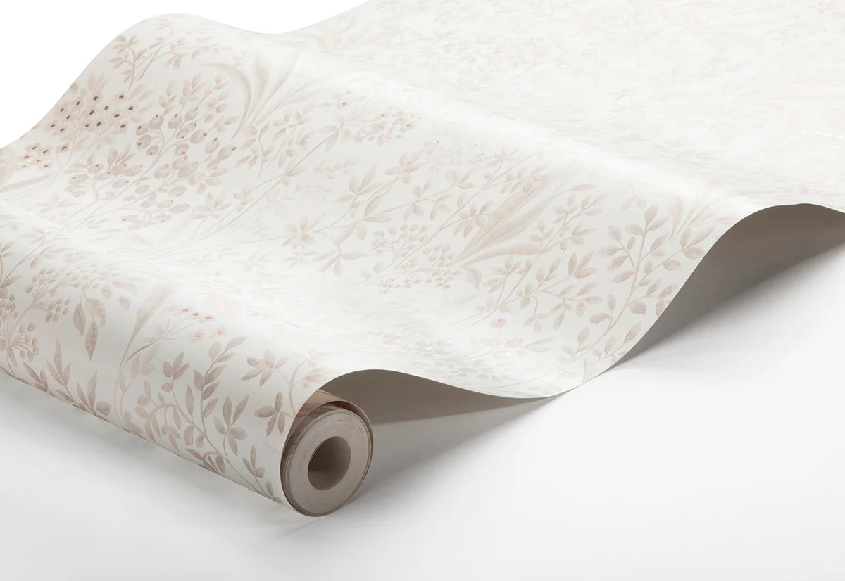 Non-woven paper wallpaper with a botanical pattern NOCTURNE broken white with beige