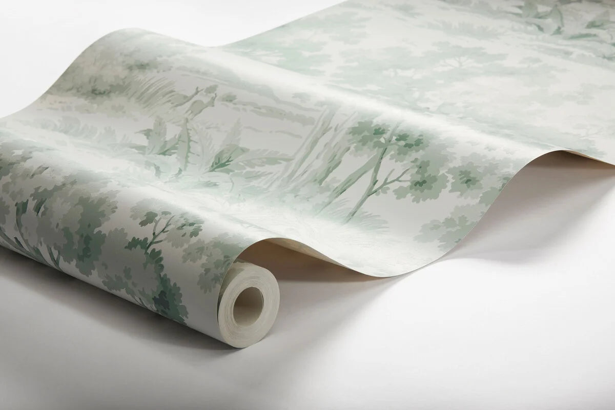 Vliesbehang met plantaal patroon LANDLIJK OCHTEND beige met groen