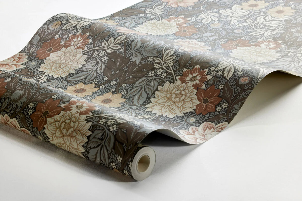 Non-woven paper wallpaper with a floral pattern DAHLIA GARDEN in brown with beige and pink