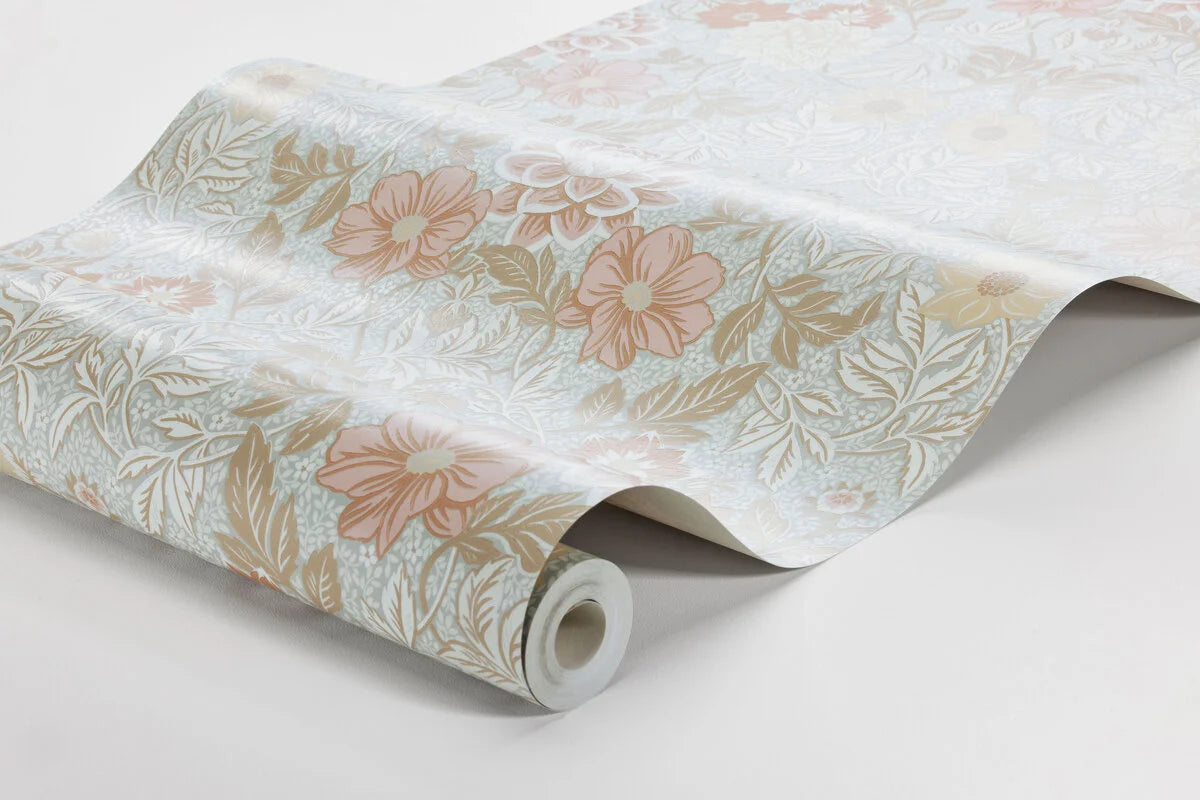 Vliesbehang van papier met een plantaardig patroon DAHLIA GARDEN lichtblauw met beige