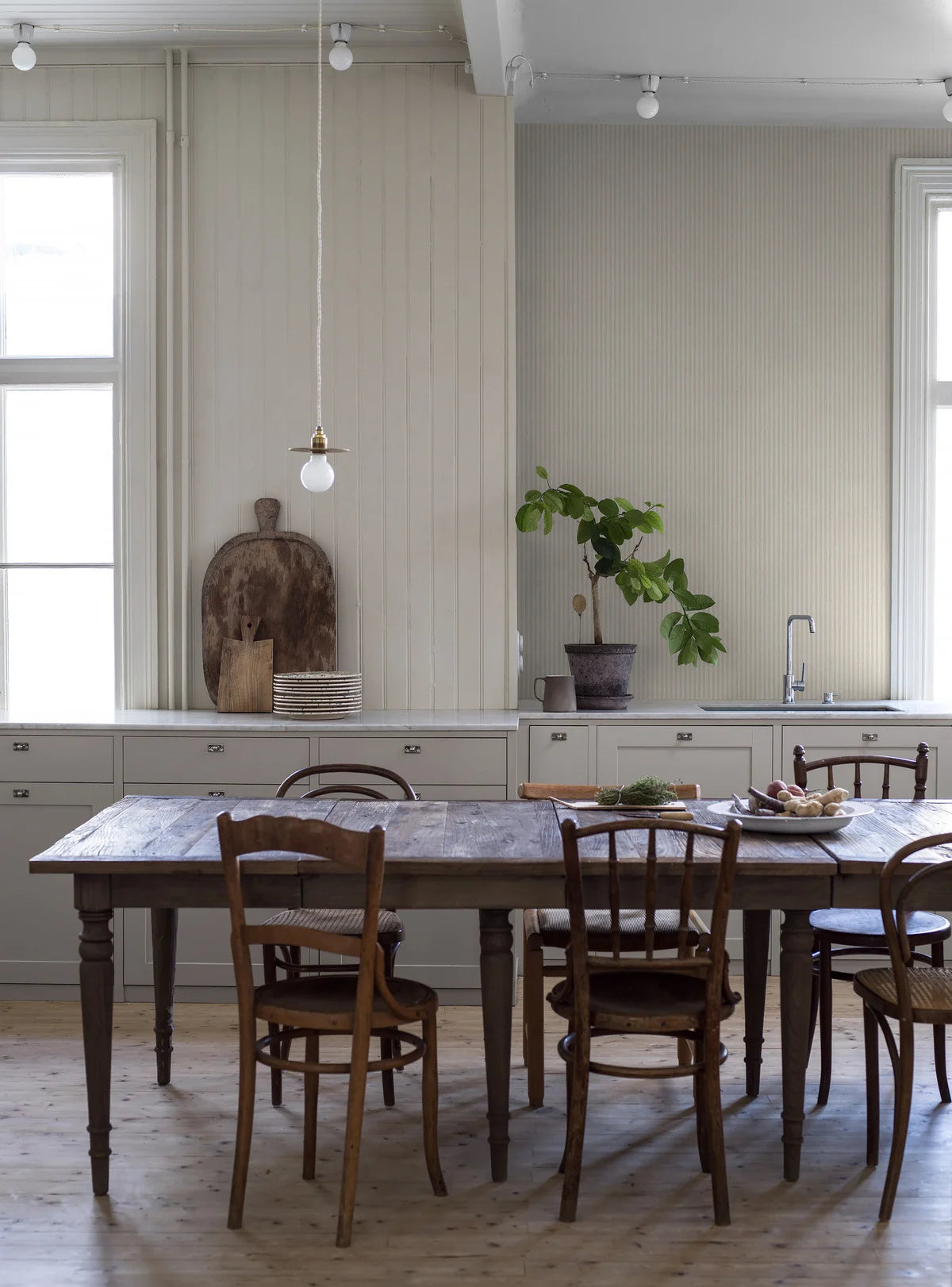 Structural wallpaper imitating striped linen POLKA STRIPE gray with beige