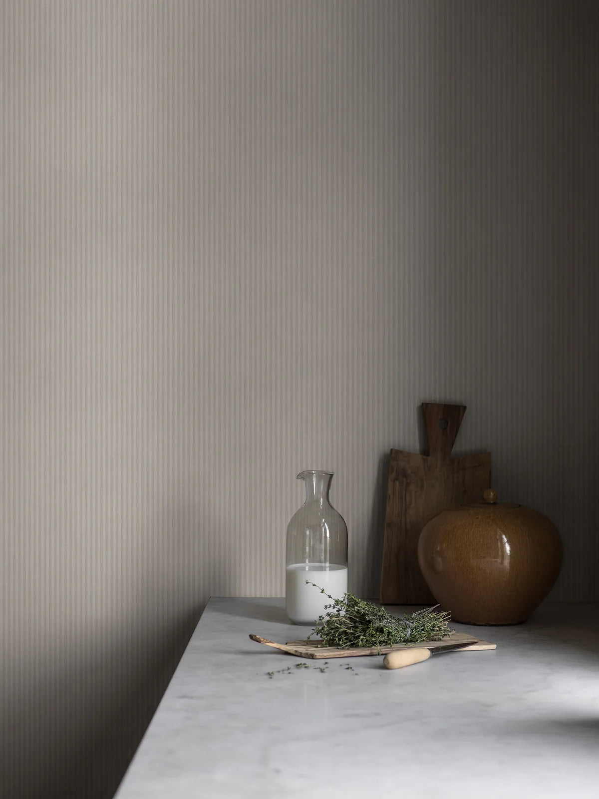 Structural wallpaper imitating striped linen POLKA STRIPE gray with beige