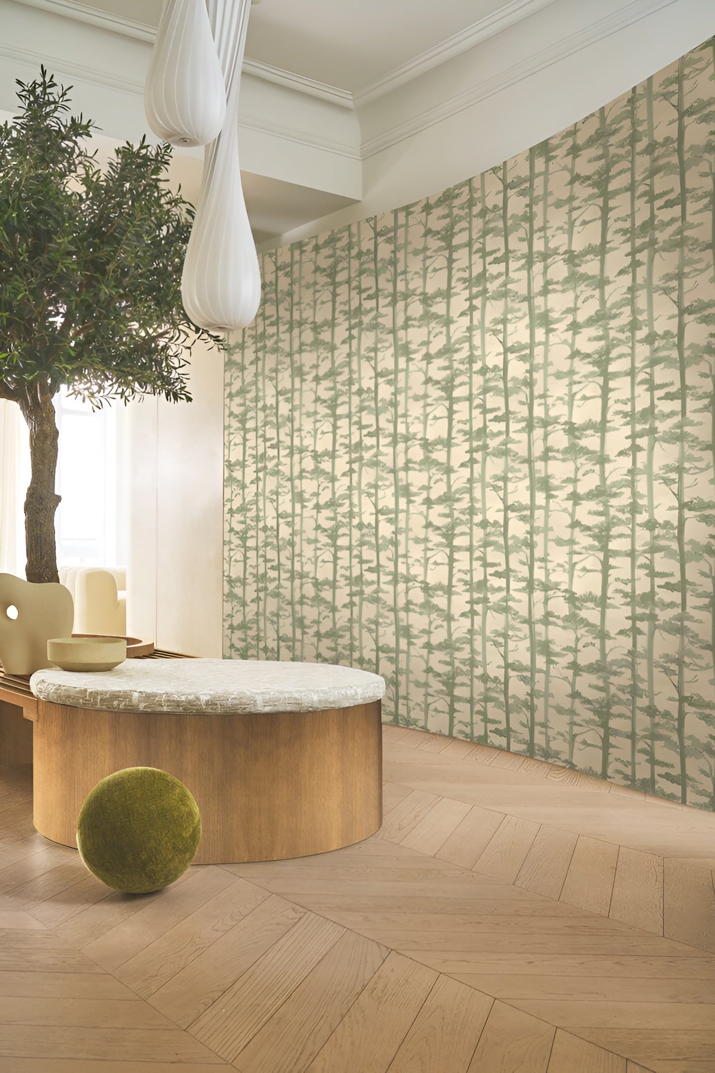 Structural wallpaper with an oriental tree plant motif AME - LATTE/IVOIRE coffee beige