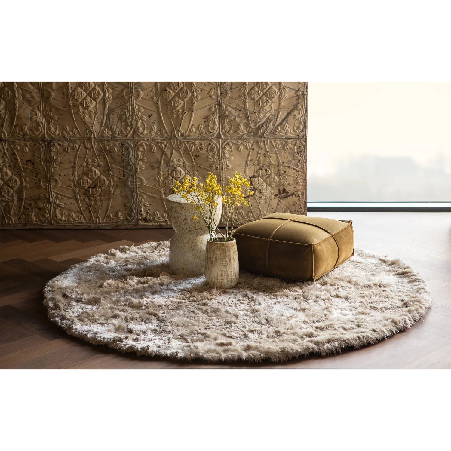 Round carpet PRALINE beige with long pile