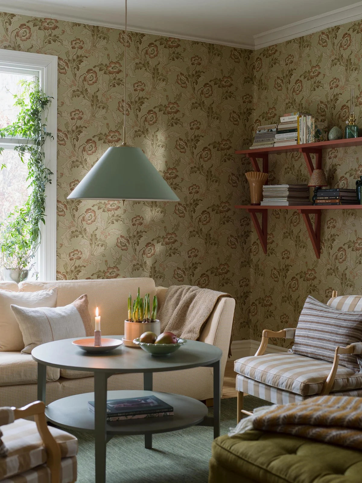 Vliesbehang met plantaal patroon GÖTEBORG beige met groen