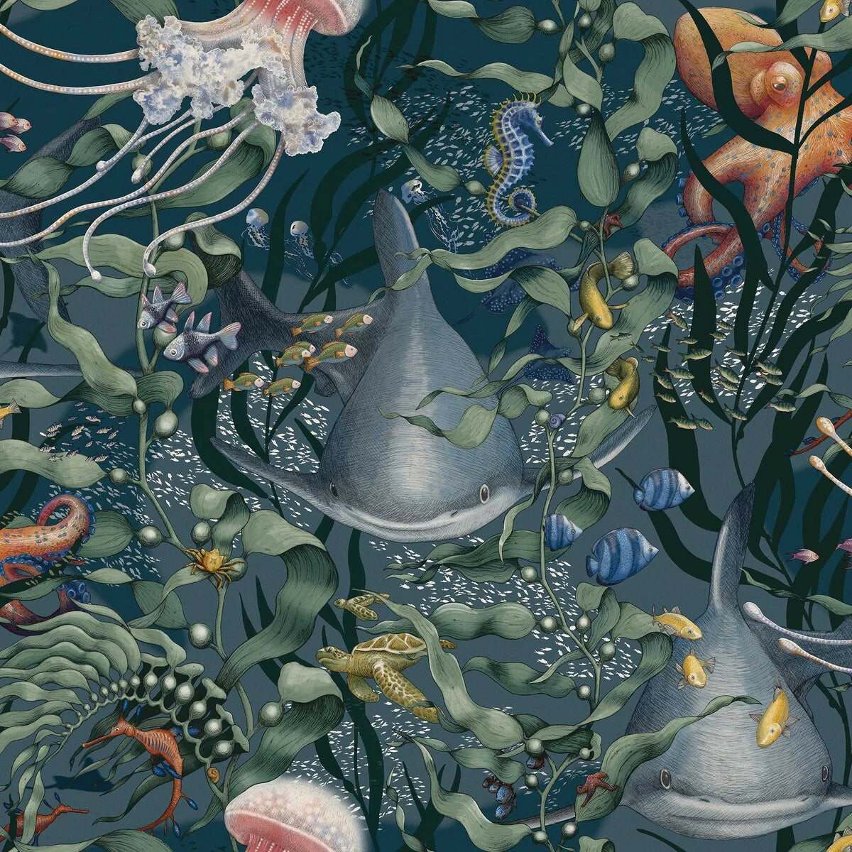 Children's wallpaper with an underwater animals theme UNDERWATER MAGIC dark blue