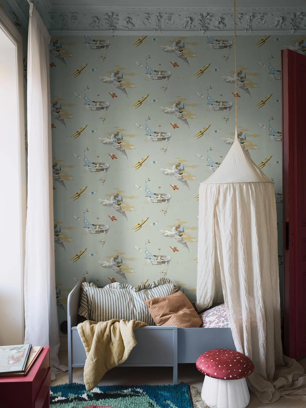 Kinderbehang met ruimte-thema RUIMTE AVONTUUR gedempt groen