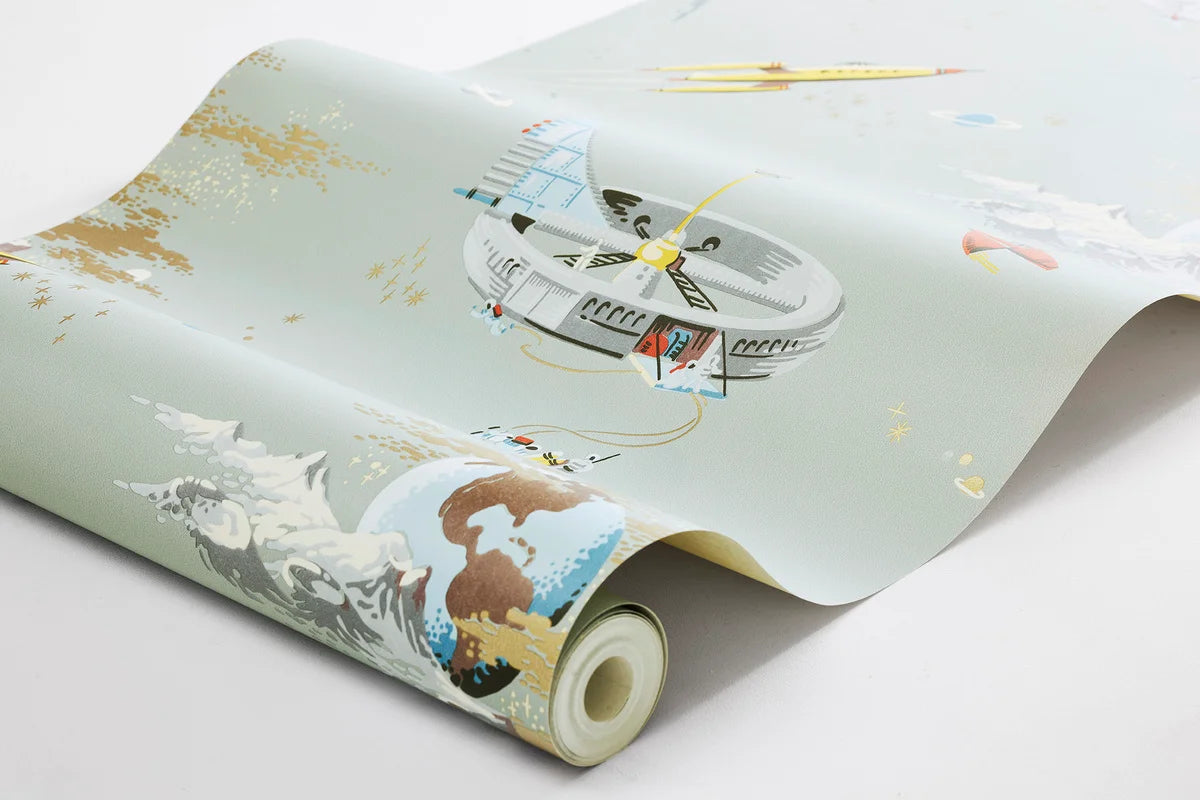 Kinderbehang met ruimte-thema RUIMTE AVONTUUR gedempt groen