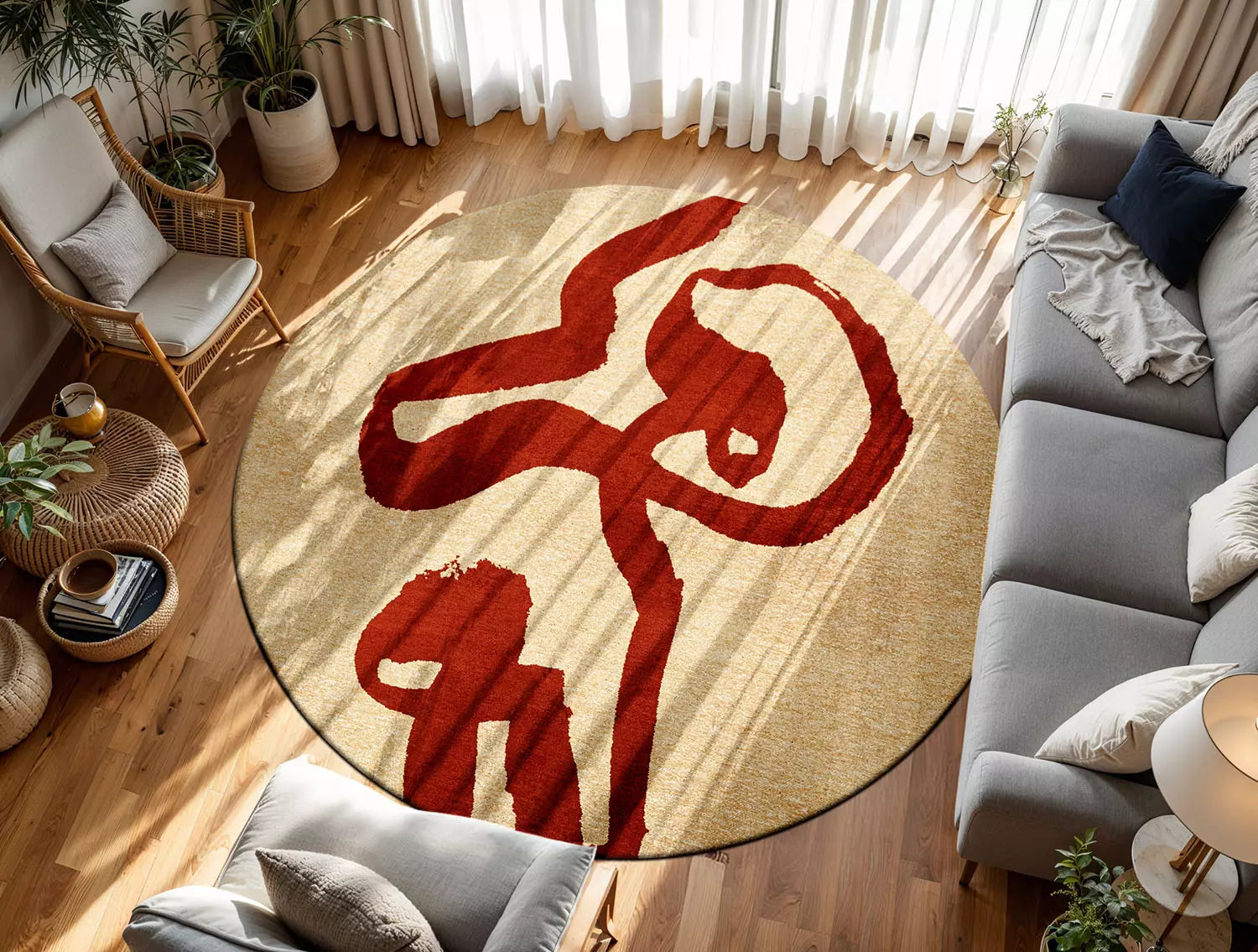 Round RIBBON Beige Carpet with Red