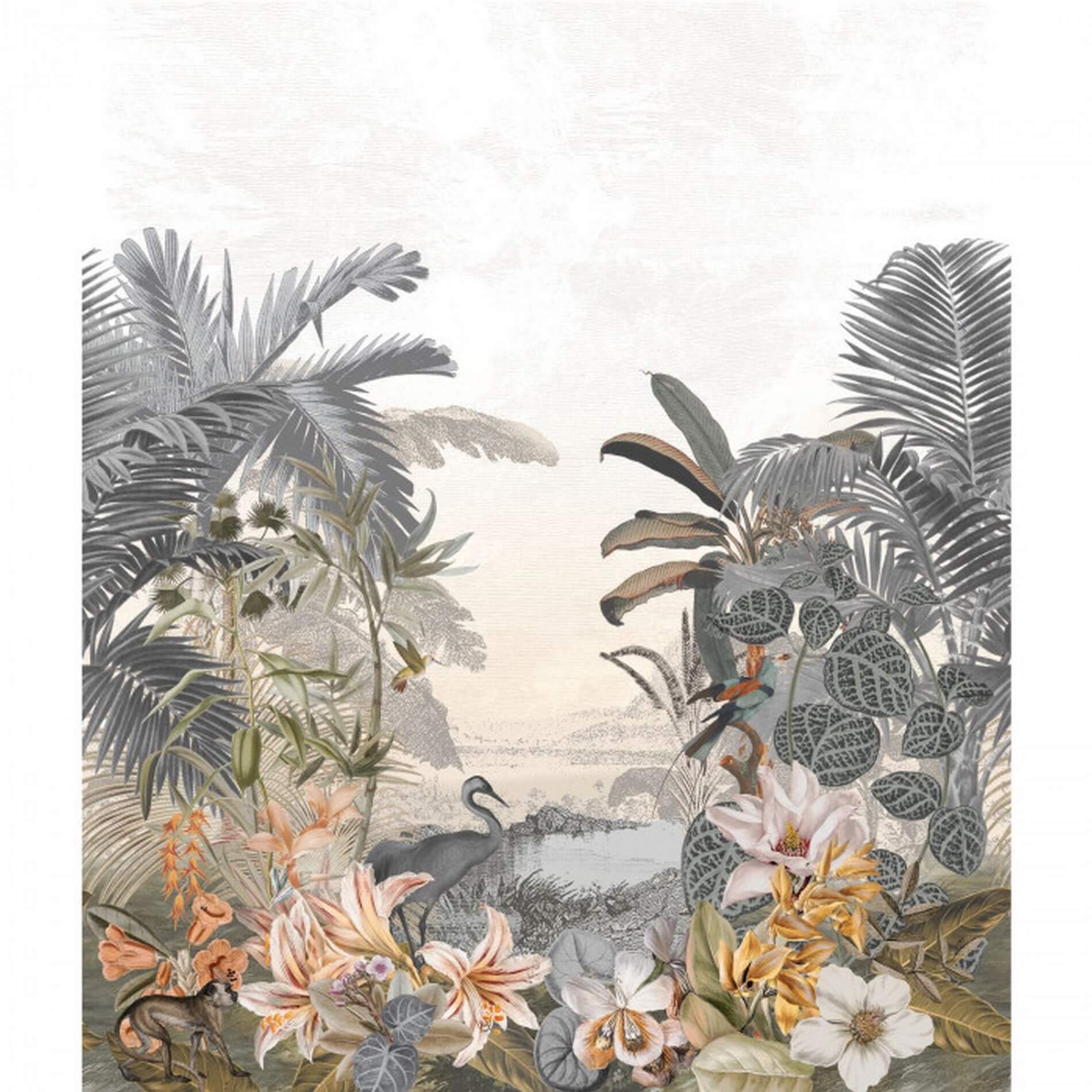 Textilwandbild mit exotischer Landschaft PARAIBA, gedämpftes Blau mit Beige