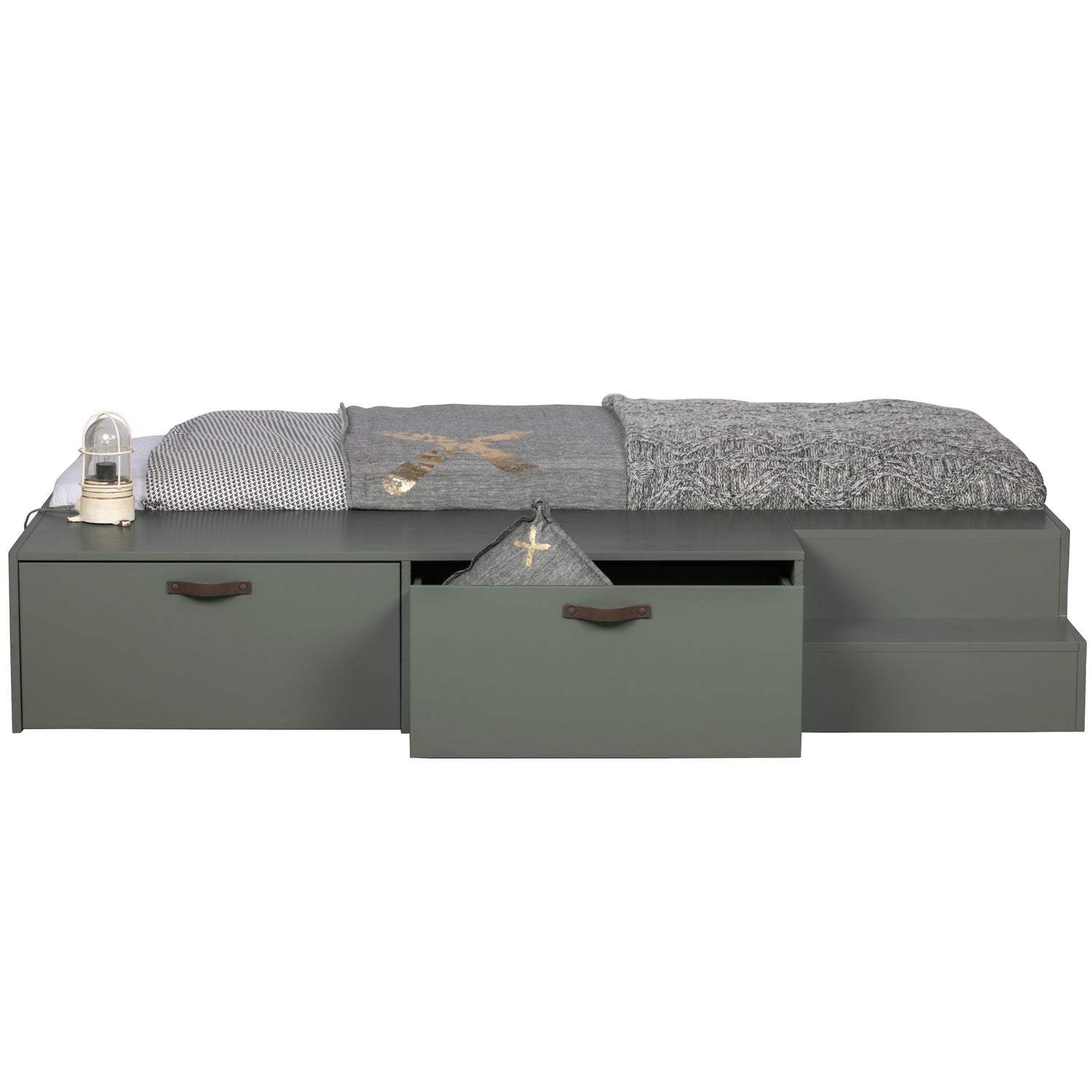 Bed met lades STAGE grijs-groen