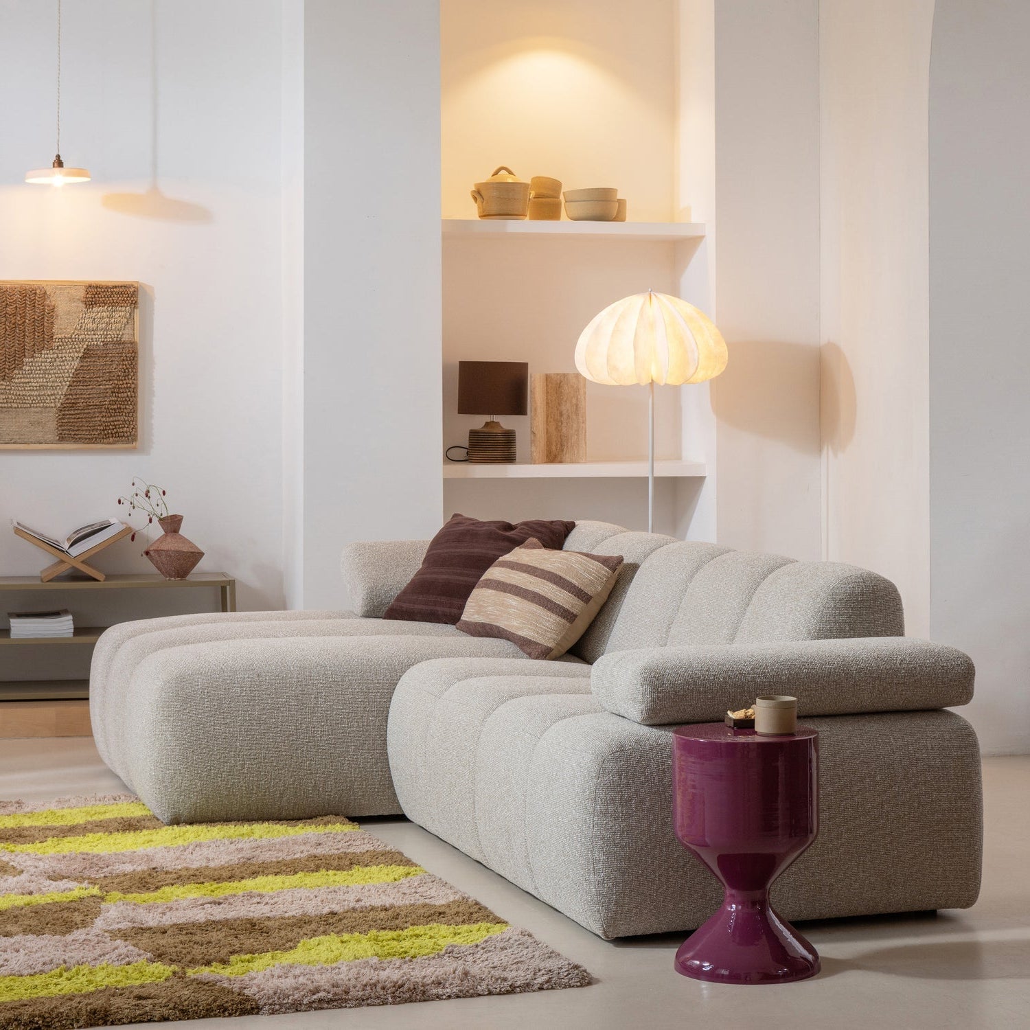 Modulares Sofa MOJO - linksseitiger Chaiselongue in Ecru Bouclé