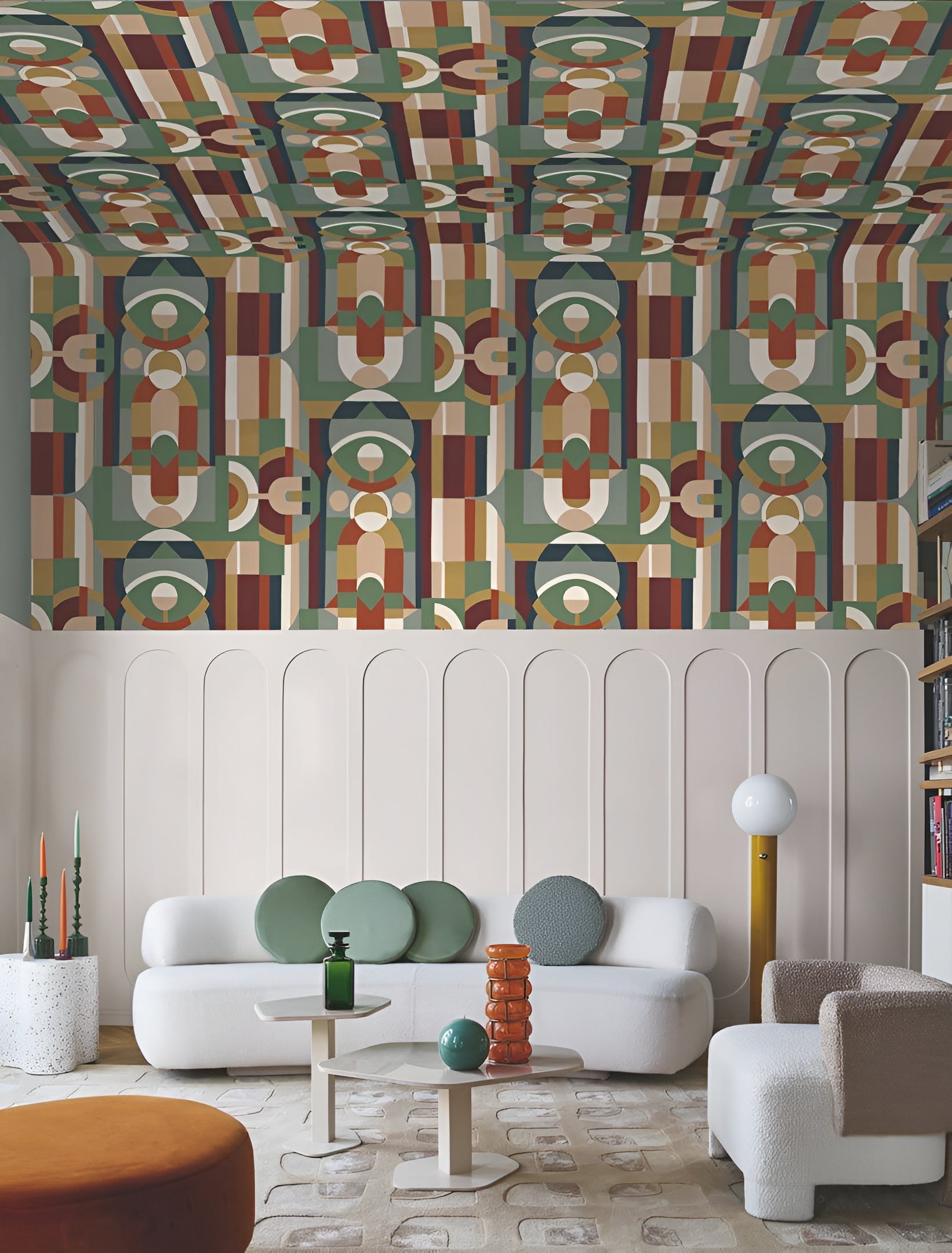 Stained Glass Geometric Pattern Wallpaper VITRAIL - MULTICO Orange with Green and Burgundy